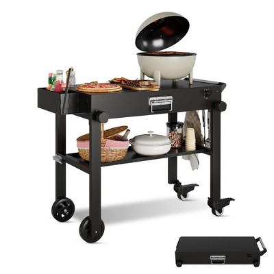 Folding Grill Carts, Heavy-Duty Outdoor Kitchen Cart, Foldable Prep Table with Wheels, Trash Holder & Tool Hooks for Patio, Camping, BBQs