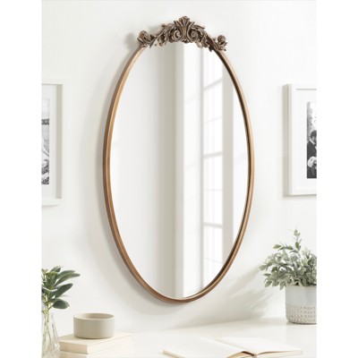 Antique Gold Oval Baroque Vanity Wall Mirror with Ornate Crown