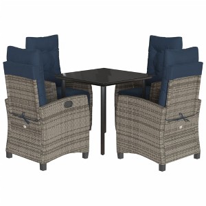 vidaXL 5-Piece Outdoor Patio Dining Set - Gray Poly Rattan Chairs with Adjustable Backrest, Tempered Glass Square Table, Padded Navy Cushions - 1 of 4