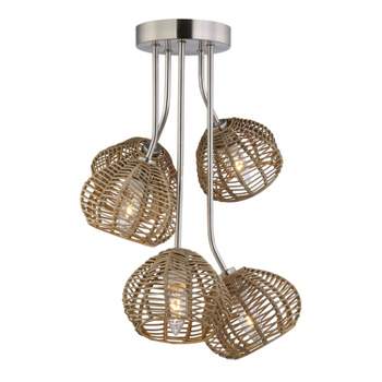 20.5"Mila High Brushed Nickel Iron Shaded Five Branch Ceiling Light with Rattan Shades - River of Goods
