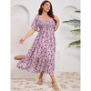 Women's Plus Size Maxi Dress Square Neck Short Sleeve Smocked Flowy Boho Floral Print Casual Summer Wedding Party Dresses - 3 of 4