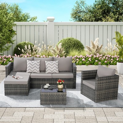 Outdoor Sofa Set, 6 Pcs Furniture Set, Wicker Sofa With Cushions,  L- Shaped Sofa, Detachable Lounger and Coffee Table -Coolbibila