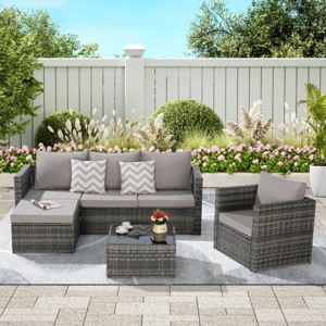Outdoor Sofa Set, 6 Pcs Furniture Set, Wicker Sofa With Cushions,  L- Shaped Sofa, Detachable Lounger and Coffee Table -Coolbibila - 1 of 4