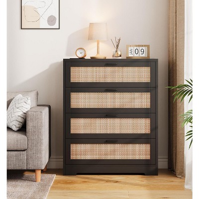 Garvee Modern Rattan Dresser for Bedroom - 5 Drawer Storage Chest in Black with Natural Rattan Design, Multi-Functional Use