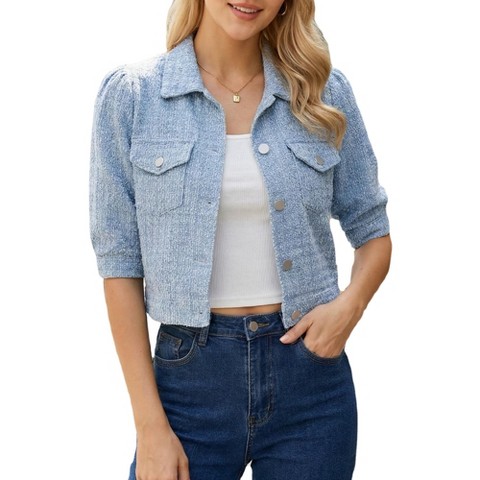 INSPIRE CHIC Women's Cropped Denim Puff Sleeve Button Down Vintage Jean Jackets with Pockets Large Light Blue