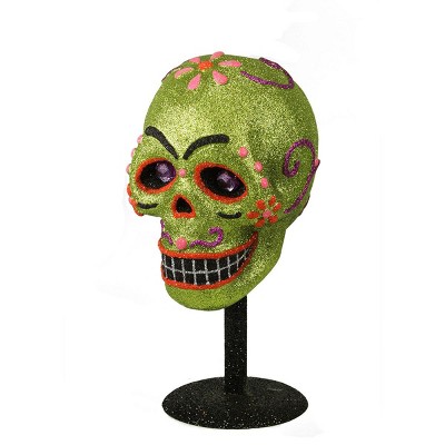 Gallerie II 12" Glittered Day of the Dead Skull Decoration - Black/Green