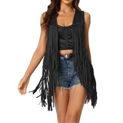 Allegra K Women's Faux Suede Casual Sleeveless Tassels Open Front Vest ...