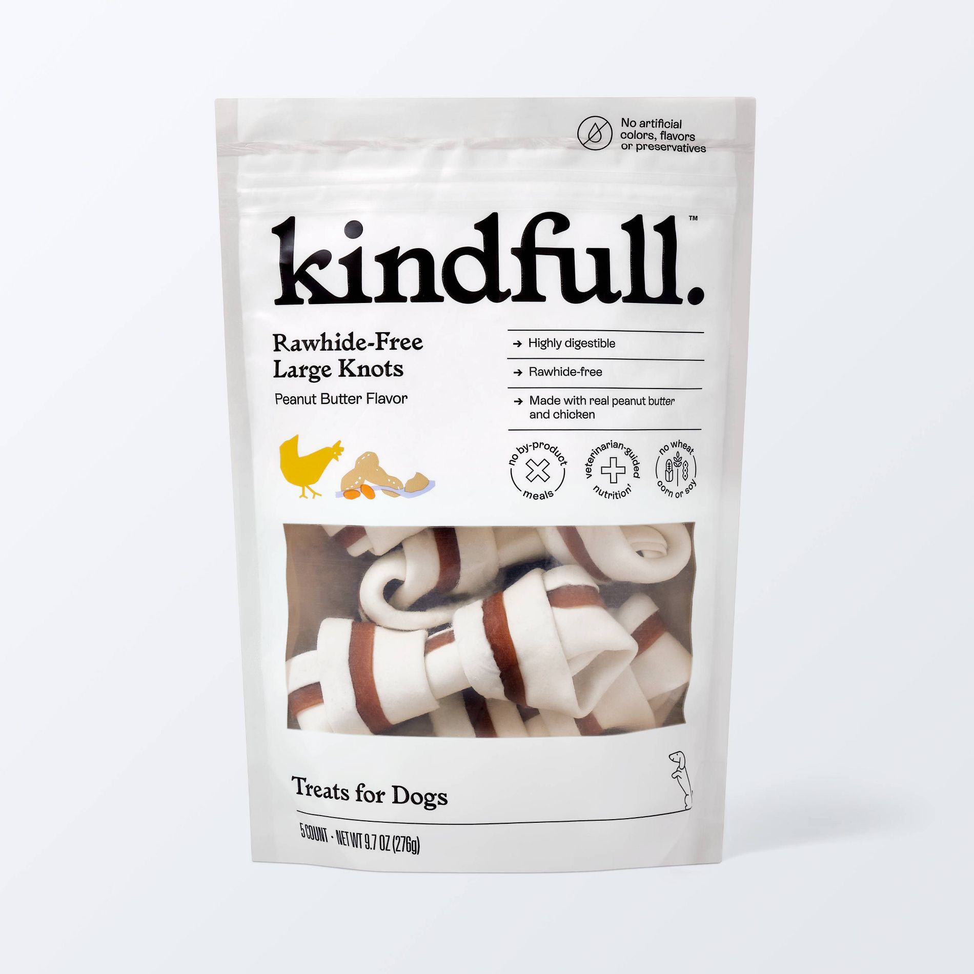 Rawhide-Free Knots with Peanut Butter Strip and Chicken Medium/Large Dog Treat - 9.7oz/5ct - Kindfull™