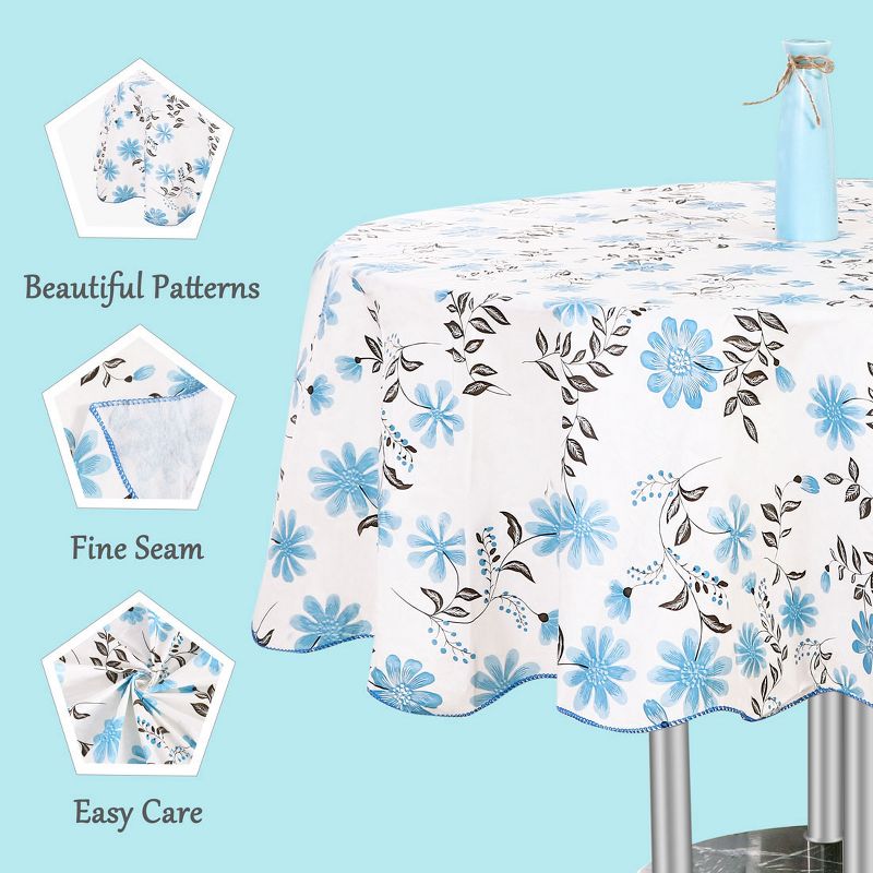 PiccoCasa Round Vinyl Water Oil Resistant Printed Tablecloths Blue Flower 70" Dia, 3 of 4