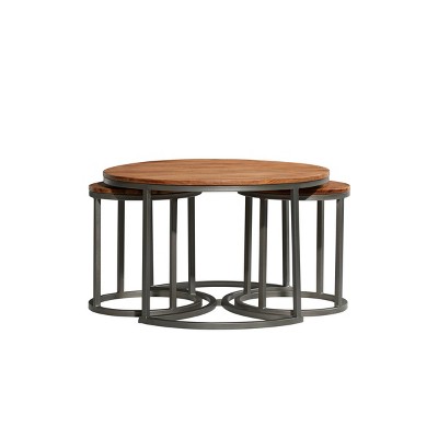 Contemporary Round Wood & Metal Nesting Coffee Table Set