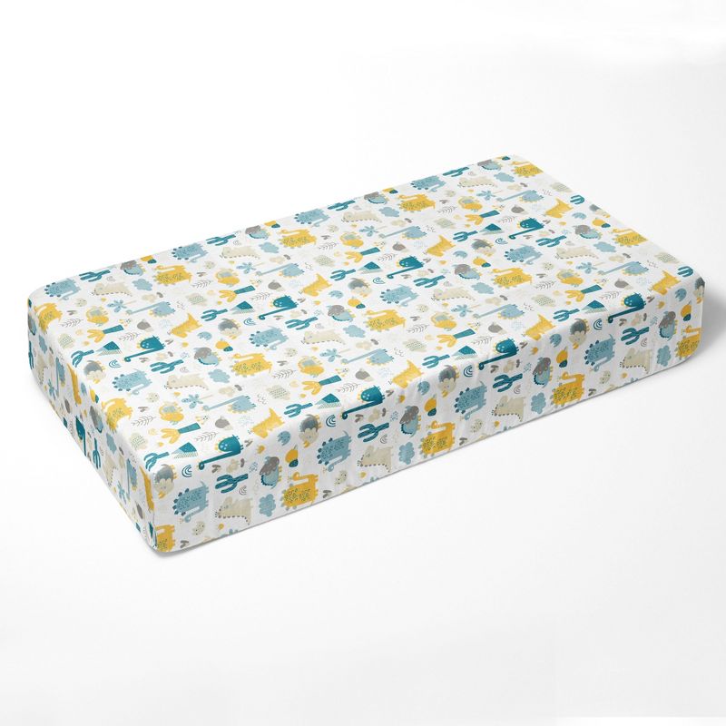 Bacati - Little Dino Boys Teal/Yellow Muslin 100 percent Cotton Muslin Universal Baby US Standard Crib or Toddler Bed Fitted Sheet, 2 of 6