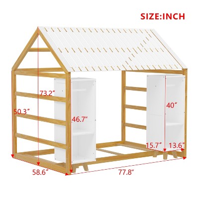 Okak Twin Size Floor Bed for Playhouse,House-Shaped Kids Bed with Safety Rails & Roof, 2 Movable Wardrobes