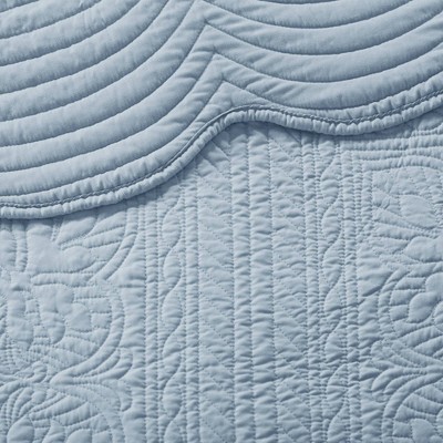 Blue Full Microfiber Reversible Scalloped Edge Quilt Set