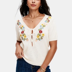 Knit & Lounge Women’s Embroidered Floral Detail Knit Top with Tie Front Short Sleeves Deep V Neck Lightweight - 1 of 4