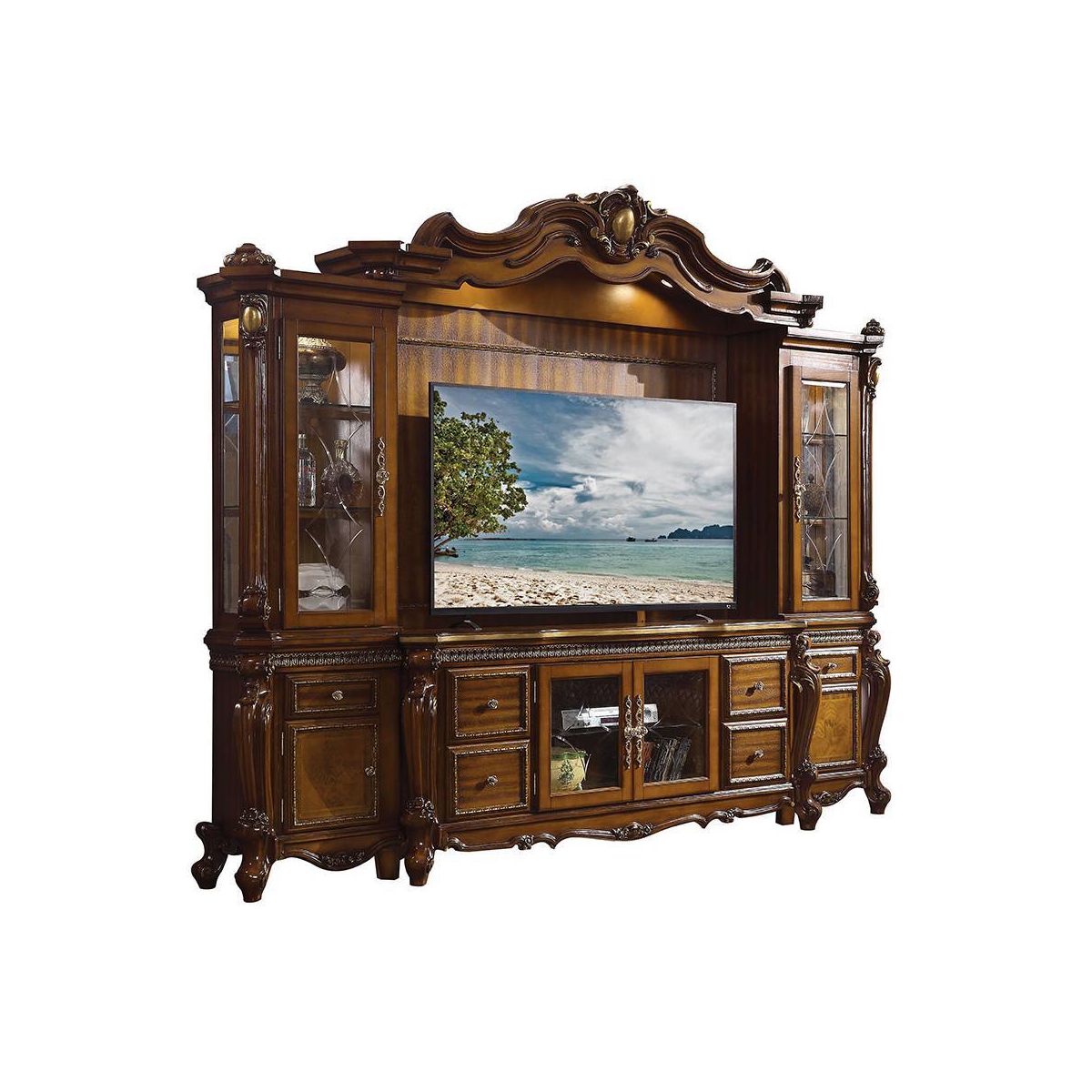 Picardy 115" Tv Entertainment Centers Honey Oak - Acme Furniture: Elegant Queen Anne Legs, Beveled Glass Doors, Touch Lighting