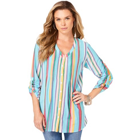 Roaman's Women's Plus Size Santa Fe Striped Big Shirt - 30 W, Ocean ...