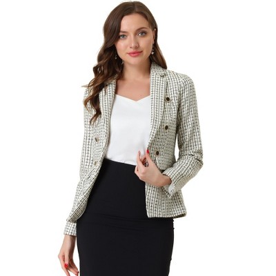 INSPIRE CHIC Women's Elegant Long Sleeve Open Front Buttons Decor Plaid Tweed Blazer