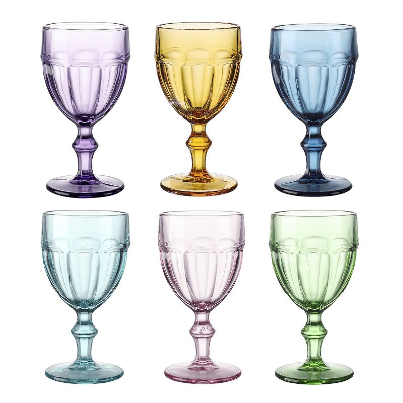 EAST CREEK 8.5 Oz Embossed Design And Vintage Colored Glass Goblets With Stem Set of 6, Violet, 1 of 8