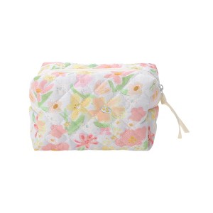 Unique Bargains Quilted Square Flower Makeup Bag Pink Green 1 Pc - 1 of 4
