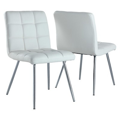 Set of 2 Metal Dining Chairs White - EveryRoom: Chrome Legs, Quilted Leather-Look, Kitchen & Office Use