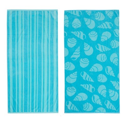 Great Bay Home Cotton Printed 2-Pack Beach Towel  (2 Pack- 30" x 60", Aqua Shell & Stripe)
