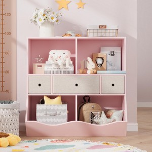 3-Tier Bookshelf with Toy Storage Organizer - Wooden Bookcase Featuring 3 Drawers & Large Cabinet for Playroom, Hallway, Kindergarten, School (pink) - 1 of 4