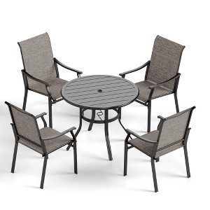 Captiva Designs 5pc Outdoor Patio Slat-top Black Round Dining Steel Table & Steel Frame Sling Chairs - 1 of 4