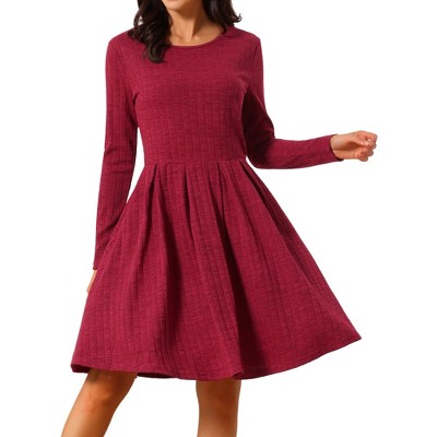 INSPIRE CHIC Women's Long Sleeve Round Neck A-Line Swing Knee Length Dress with Pockets