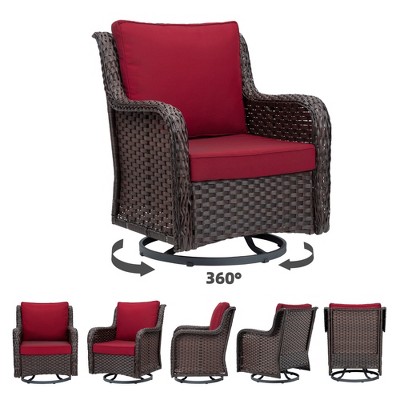 Red Wicker Swivel Rocker Patio Set with Glass Table