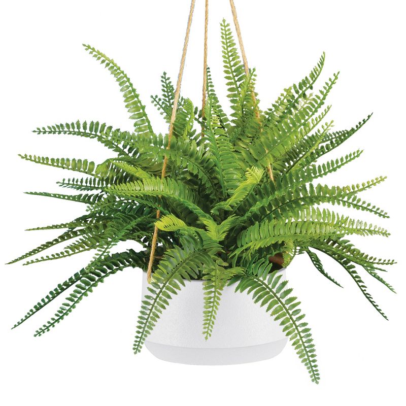 Collections Etc Realistic Looking Boston Fern Artificial Hanging Planter with White Plastic Base 18 X 18 X 22, 1 of 3