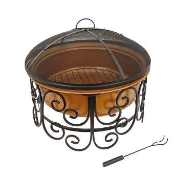 30" Deep Bowl Copper Fire Pit with Stand and Screen - National Tree Company