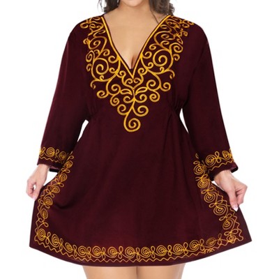 LA LEELA Women's Summer Vacation Beachwear Mini Bathing Suit Short Beach Holiday Dress Swimsuit Cover ups Medium-Large Brown, Solid