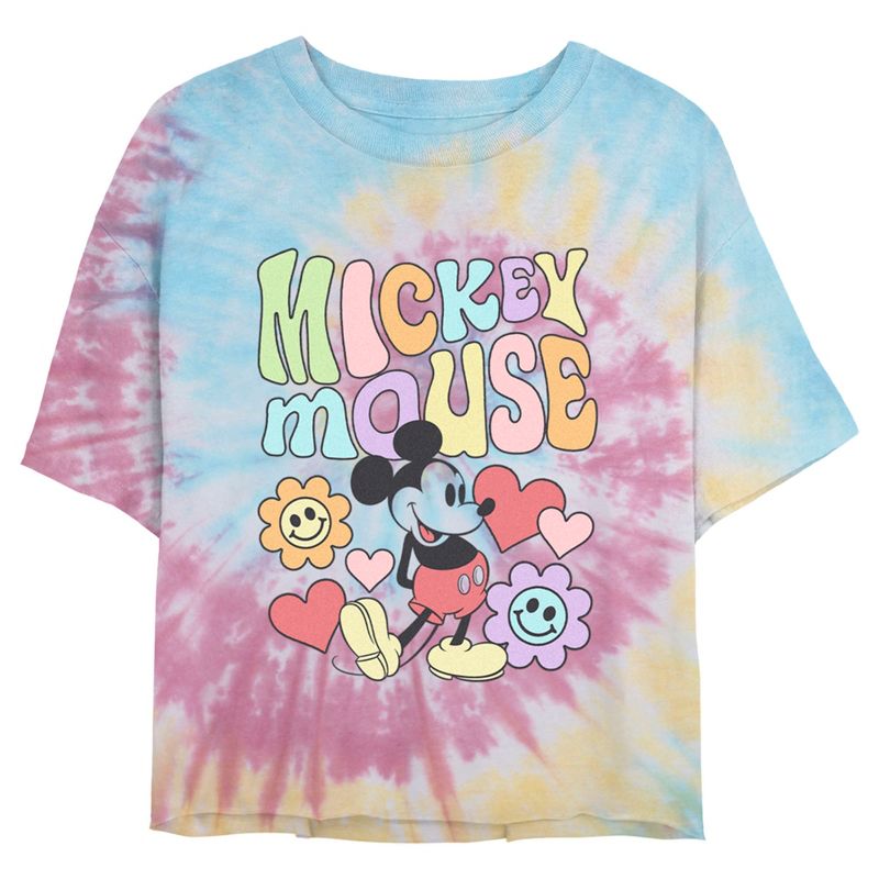 Juniors Womens Mickey & Friends Groovy Hearts and Smilies Logo Crop T-Shirt, 1 of 5