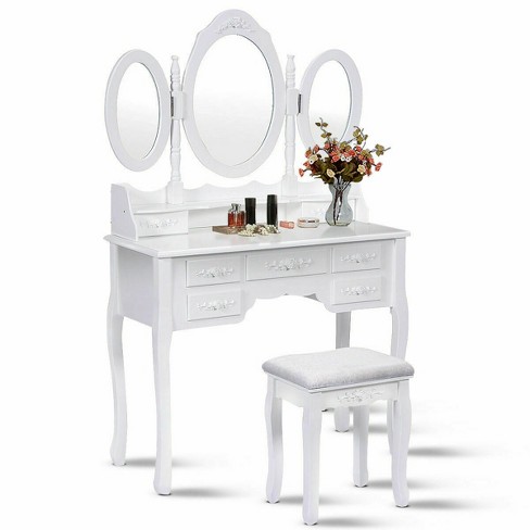 Costway White Tri Folding Oval Wood, White Vanity With Drawers