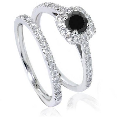 Pompeii3 7/8ct Cushion Halo Black Diamond Engagement Ring Set 14k White ...