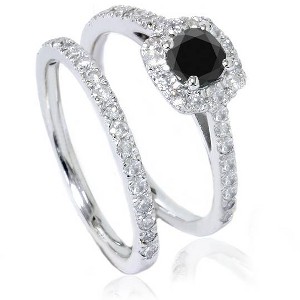Pompeii3 7/8ct Cushion Halo Black Diamond Engagement Ring Set 14K White Gold - 1 of 4