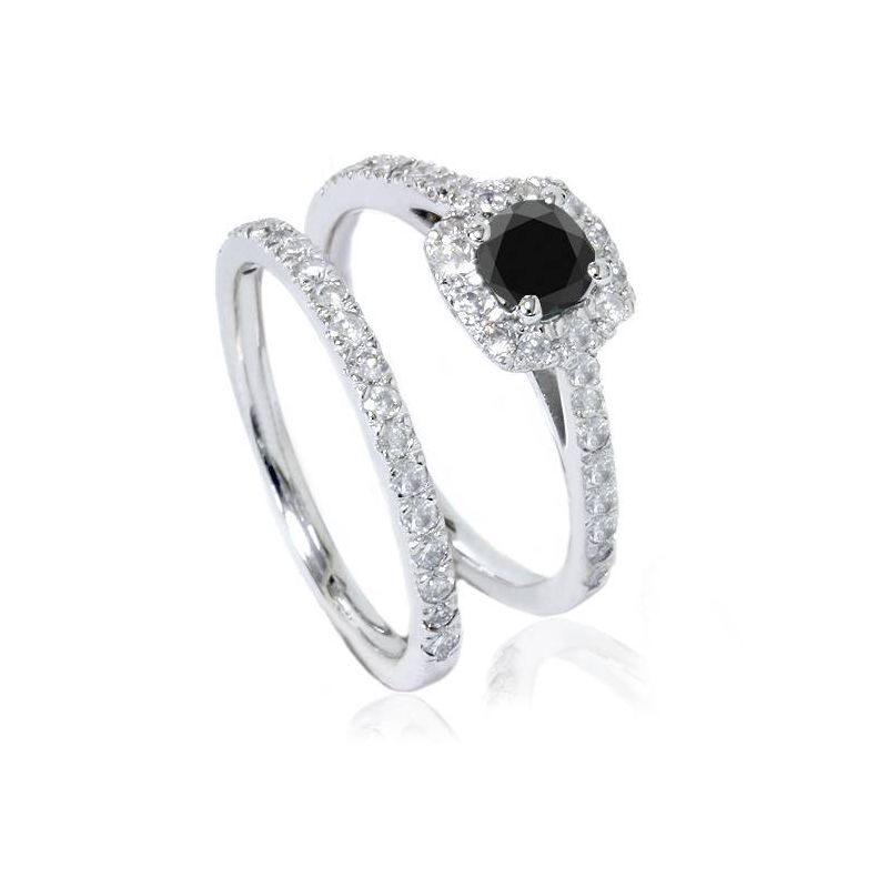 Pompeii3 7/8ct Cushion Halo Black Diamond Engagement Ring Set 14K White Gold, 1 of 5