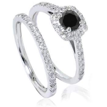 Pompeii3 7/8ct Cushion Halo Black Diamond Engagement Ring Set 14K White Gold