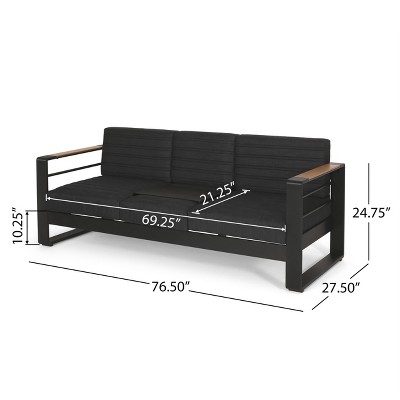 Black Aluminum and Wood Outdoor 3-Seater Sofa with Dark Gray Cushions