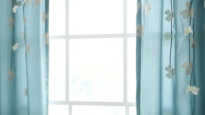 Blue Ivory Faux Silk Light-Filtering Floral Window Curtain