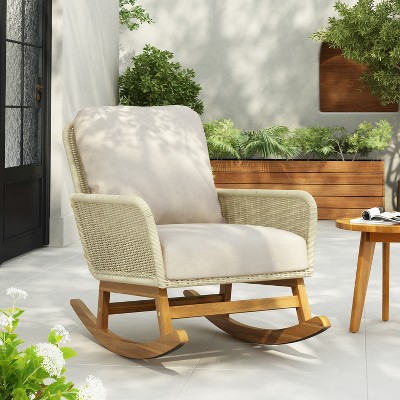 Christopher Knight Home Tamid Outdoor Modern Wood, Rattan and Metal Rocking Chair with Cushion
