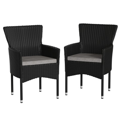 Emma and Oliver Set of 2 Modern Black Wicker Patio Chairs with Removable Gray Cushions for Indoor and Outdoor Use