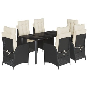 vidaXL 7 Piece Patio Dining Set - Black Poly Rattan, Adjustable Reclining Chairs, Tempered Glass Tabletop, Cushions Included - 1 of 4
