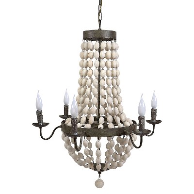 Metal Chandelier with Wood Beads & 6 Lights White - 3R Studios