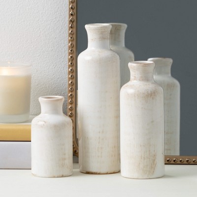 Set of 3 Small White Ceramic Bottle Vases