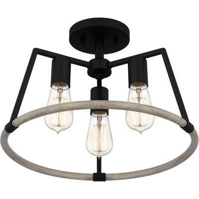 Matte Black and Wood 3-Light Semi-Flush Mount Ceiling Fixture