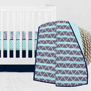 Bacati - Boys Triangles Aqua Navy 3 pc Muslin Cotton Crib Bedding Set - 1 of 4