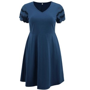 Women's Plus Size Hollow Out V-Neck Elastic Waist Short Sleeve Summer Comfty A-Line Dresses with Pockets - GRACE & GRANDEUR - 1 of 4