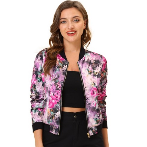 Allegra K Women's Stand Collar Floral Prints Zip Up Lightweight