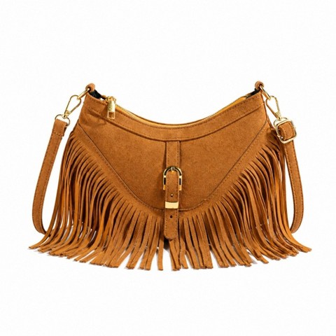Alilang Women's Studded Fringe Crossbody Bag Suede Look Crescent Shoulder Purse with Adjustable Strap - Brown